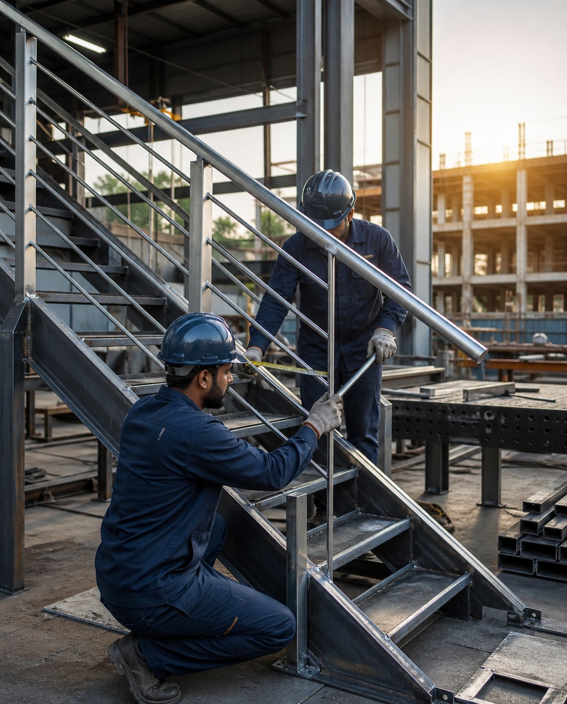 Fabrication professionals inspecting a custom MS and SS staircase railing